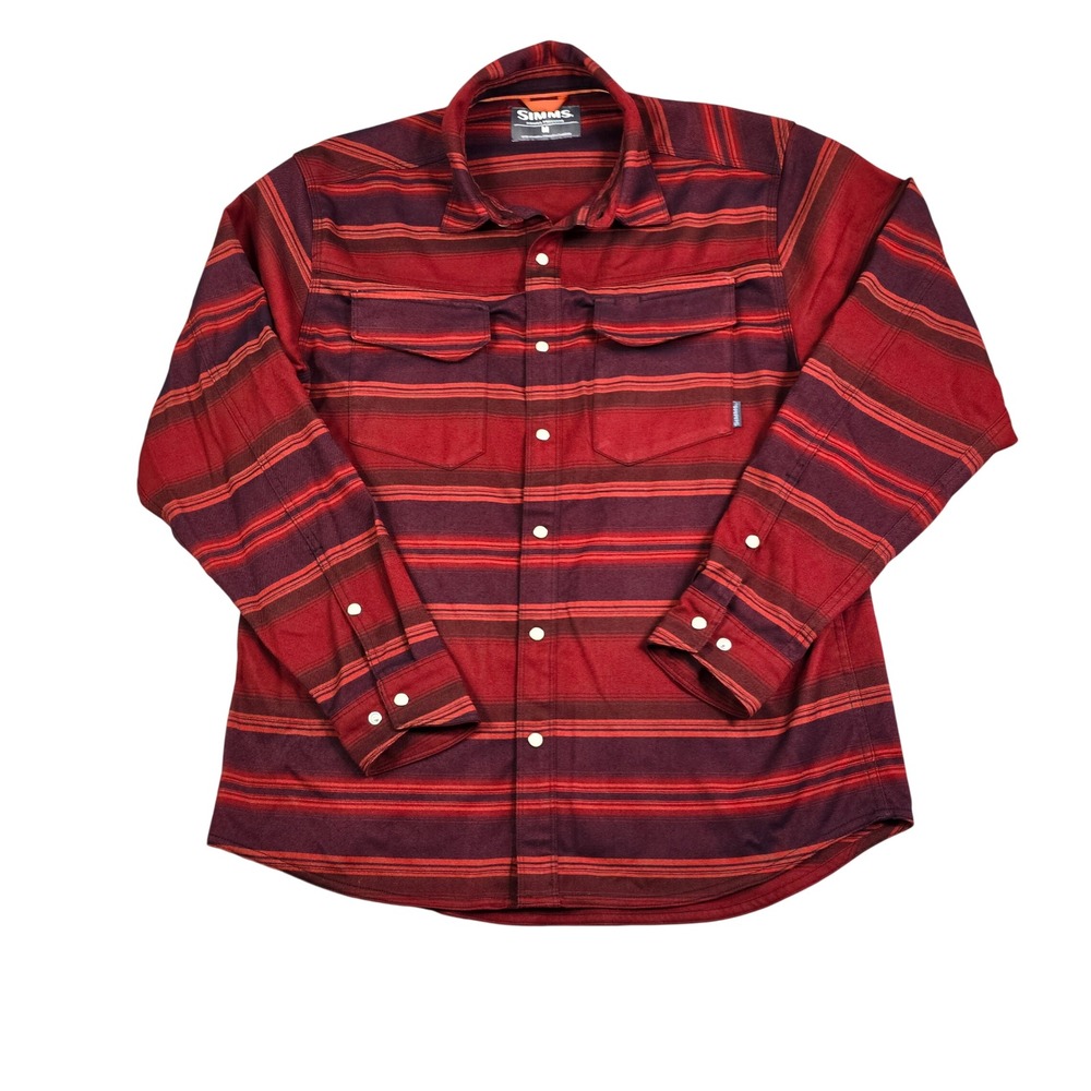Simms Pearl Snap Flannel Shirt Men M Red Striped Long Sleeve Utility Hiking Fish